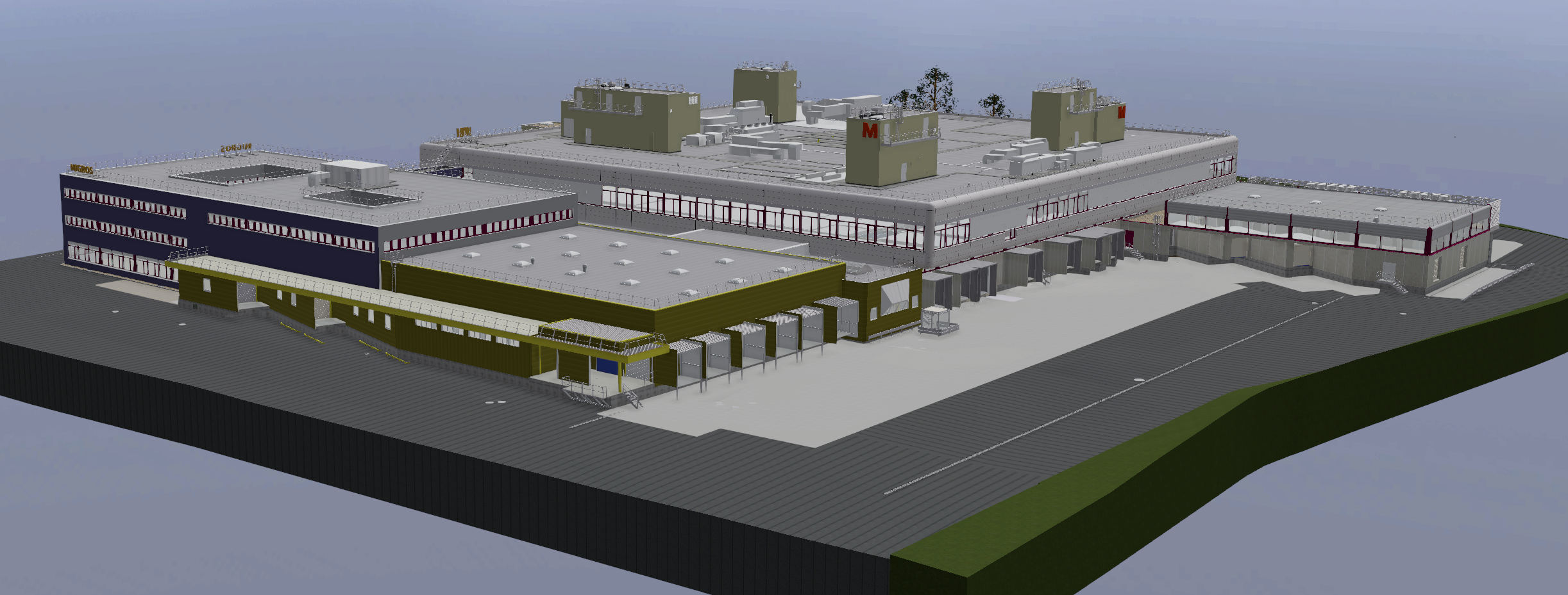 Scan to BIM 3D en ArchiCAD d’un centre logistique. Plan topographique, plans CVC, nuage de points, photos 360 par setup