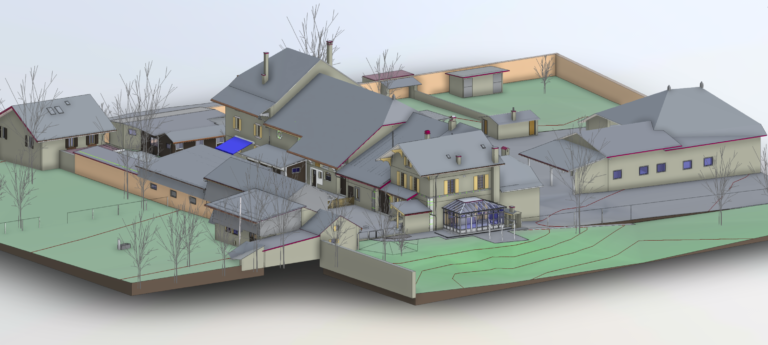 Scan to BIM 3D en Revit d'un complex de plusieurs bâtiments classés. Plan masse, nuage de points, photos 360 par setup